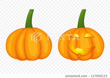 Vector Cartoon Pumpkins Collection with Carved Faces. Flat Colorful Pumpkin Stickers Set. Design Templates for Halloween, Fall, Harvest. Cute and Fun Simple Pumpkin Illustrations Vector Cartoon Pumpkins Collection with Carved Faces. Flat Colorful Pumpkin Stickers Set. Design Templates for Halloween, Fall, Harvest. Cute and Fun Simple Pumpkin Illustrations 127608123
