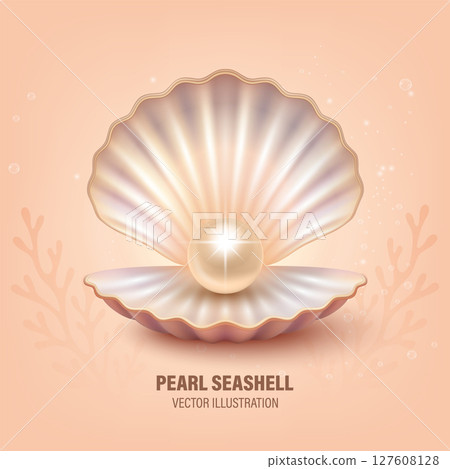 Open Seashell with Shiny Pearl, Vector Illustration. Realistic Pearl Shell Vector for Cosmetic Packaging, Sea Jewelry Design, Spa Logo, Luxury Beauty Branding, Skincare Product Art, Ocean Illustration 127608128