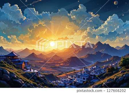 Scenic Mountain Landscape at Sunset with Village and Vibrant Sky. 127608202