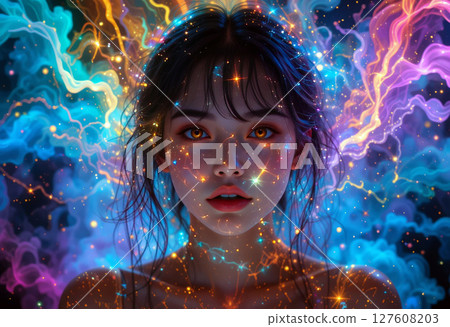 Mystical Woman Surrounded by Vibrant Cosmic Energy and Sparkling Stars. 127608203