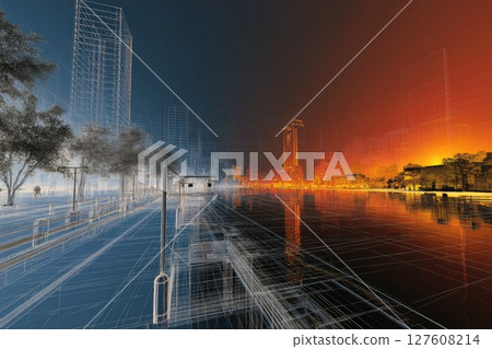 Futuristic Cityscape With Wireframe Architecture and Sunset Reflections. 127608214
