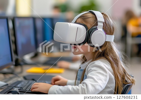 Young Girl Using Virtual Reality Headset in Technology Classroom. 127608231