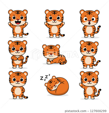 Cute tiger character in different poses Cute tiger character in different poses 127608299