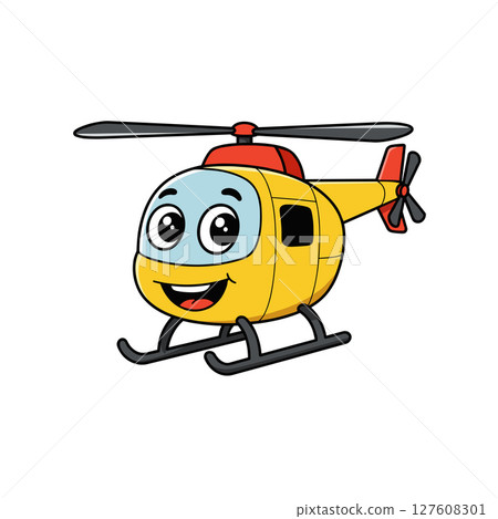 Cute yellow funny helicopter cartoon character on white background Cute yellow funny helicopter cartoon character on white background 127608301
