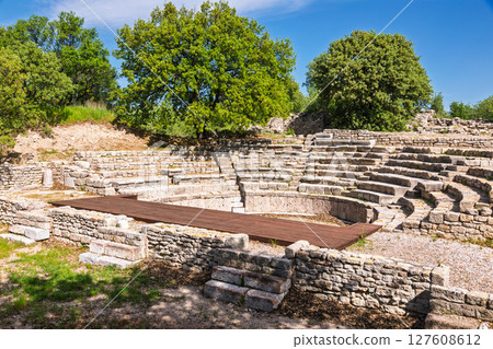 Odeon of Troy IX in Canakkale Turkey with semicircular Roman seating and wooden stage 127608612