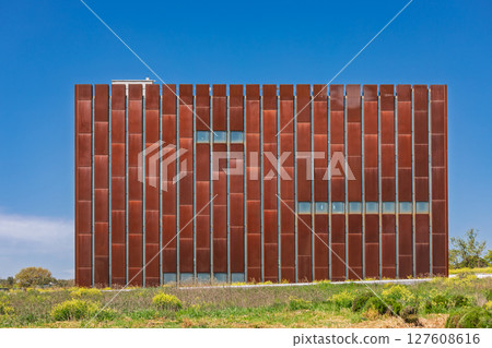 Modern Troy Museum in Canakkale Turkey with vertical rusted panels and minimalist geometric design 127608616