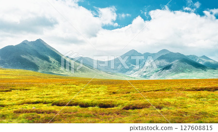 A panoramic view of Strickeen Mountain in Ireland. Lush green and brown vegetation covers the foreground. A partly cloudy sky is above the mountain range. A panoramic view of Strickeen Mountain in Ireland. Lush green and brown vegetation covers the foreground. A partly cloudy sky is above the mountain range. 127608815