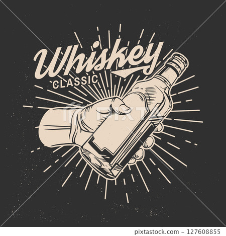 Classic Whiskey badge, label, shirt retro design. Vector illustration. Hand holding bottle of scotch whisky or brandy. For logo design, patches, stickers 127608855