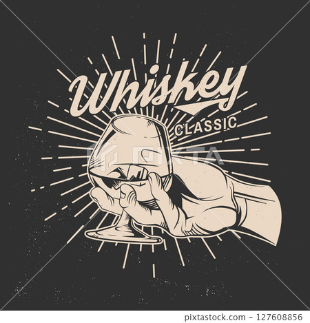 Classic Whiskey badge, label, shirt retro design. Vector illustration. Hand holding glass whiskey with ice. For logo design, patches, stickers 127608856