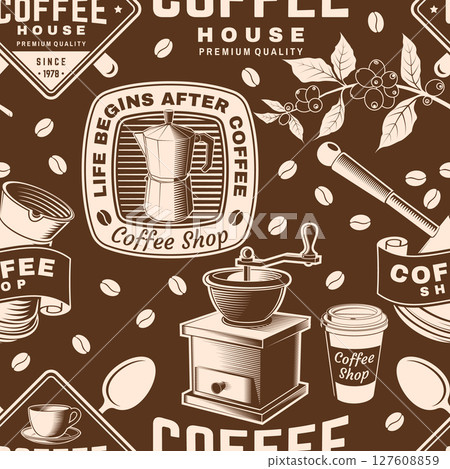 Coffee shop seamless pattern or background.... - Stock Illustration ...