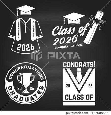 Set of posters and banners for class of 2026 graduation on the chalkboard. Vector. Congratulations graduates banner sticker card with congrats gown, academic hat for high school or college graduation Set of posters and banners for class of 2026 graduation on the chalkboard. Vector. Congratulations graduates banner sticker card with congrats gown, academic hat for high school or college graduation 127608866