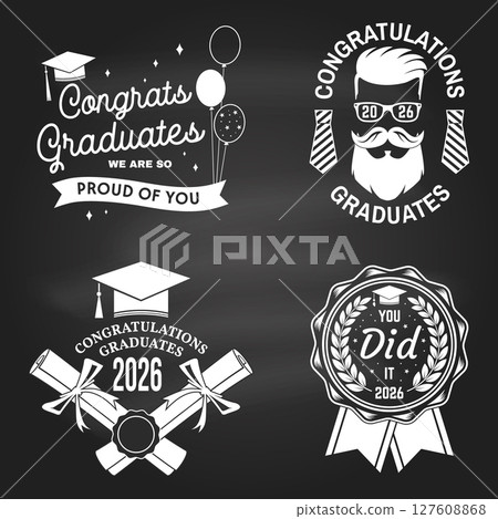 Set of posters and banners for class of 2026 graduation on the chalkboard. Vector. Congratulations graduates banner sticker card with academic hat for high school or college graduation Set of posters and banners for class of 2026 graduation on the chalkboard. Vector. Congratulations graduates banner sticker card with academic hat for high school or college graduation 127608868