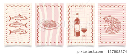 Collection of hand drawn Italian cuisine posters with fish, pasta, wine and pizza. Mediterranean set. Seafood menu cards. Sketch illustration. 127608874