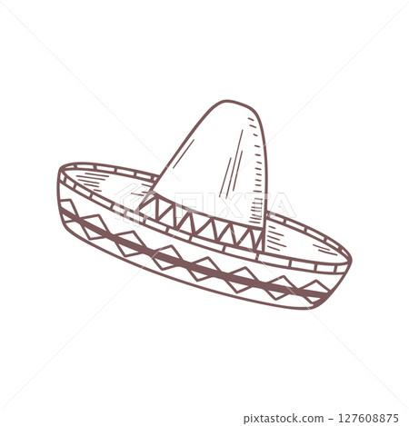 Hand drawn monochrome mexican sombrero hat with ethnic patterns. National symbol of Mexico. Sketch illustration. 127608875
