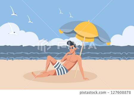 Young man sunbathing on the beach under an umbrella. Summer time, vacation concept. Travel illustration. 127608878