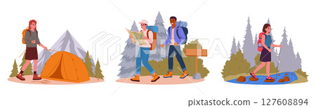 Hiking and camping people. Active characters trekking, outdoor adventure, hiking and backpacking flat vector illustration set. Tourists collection Hiking and camping people. Active characters trekking, outdoor adventure, hiking and backpacking flat vector illustration set. Tourists collection 127608894