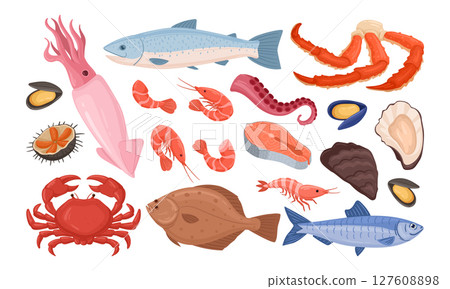 Raw sea food. Delicious fish, lobster, oyster, octopus and shellfish, fresh ocean seafood flat vector illustration set. Cartoon mediterranean diet elements Raw sea food. Delicious fish, lobster, oyster, octopus and shellfish, fresh ocean seafood flat vector illustration set. Cartoon mediterranean diet elements 127608898