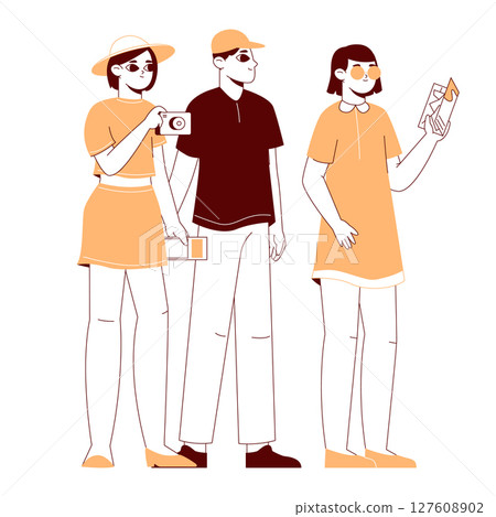 Tourist group. Male and female tourists with map, traveling people, tourists finding map location flat vector illustration. Travellers characters scene 127608902