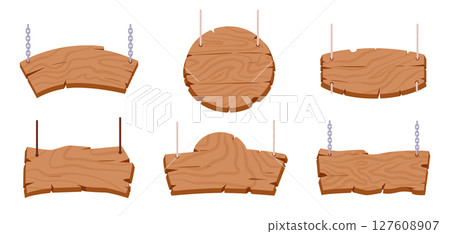 Wooden sign boards. Hanging wood boards, rustic wooden frames flat vector illustration set. Cartoon pointing signs collection 127608907