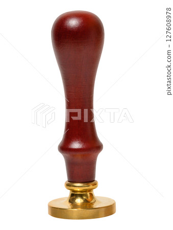Wax seal with wooden handle and brass stamp on isolated background 127608978