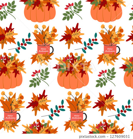 HandDrawn Pumpkin and Cup with Colorful Autumn Leaves Composition Seamless Pattern Autumnal Backdrop 127609031