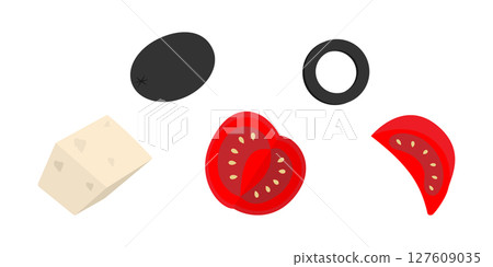 Hand drawn Olives Cheese and Tomatoes Sliced Colorful Salad Ingredients on Transparent Backdrop Set Hand drawn Olives Cheese and Tomatoes Sliced Colorful Salad Ingredients on Transparent Backdrop Set 127609035