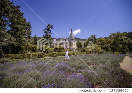 A woman stands in a field of lavender A woman stands in a field of lavender 127609082