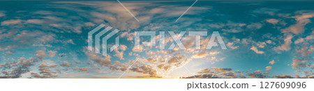 Sunset sky with bright glowing pink Cirrus clouds. Seamless spherical HDR 360 panorama. Full zenith or sky dome in 3D, sky replacement for aerial drone panoramas. Climate and weather change. Sunset sky with bright glowing pink Cirrus clouds. Seamless spherical HDR 360 panorama. Full zenith or sky dome in 3D, sky replacement for aerial drone panoramas. Climate and weather change. 127609096