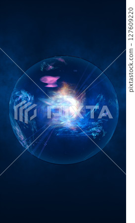 A glowing orb of energy floating in deep blue space, swirling with colorful light trails and cosmic textures A glowing orb of energy floating in deep blue space, swirling with colorful light trails and cosmic textures 127609220