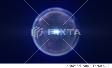 Bright energy sphere with sharp white core and glowing halo, emitting powerful lens flare across a dark cosmic backdrop 127609222