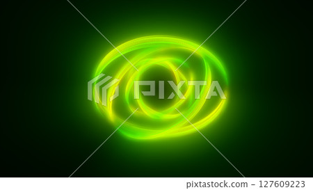 Green glowing twin-ring vortex on black background, representing flow of energy, data, or sci-fi concept 127609223