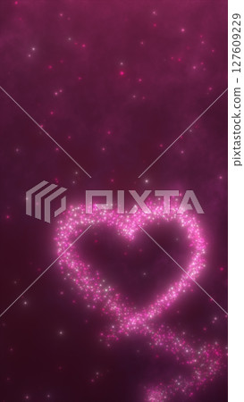 Pink heart made of glowing particles sparkles against a dreamy magenta cosmic background 127609229