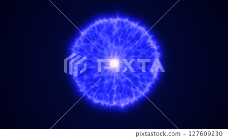 Electric blue glowing sphere with a bright center and textured energy surface on a deep blue background Electric blue glowing sphere with a bright center and textured energy surface on a deep blue background 127609230