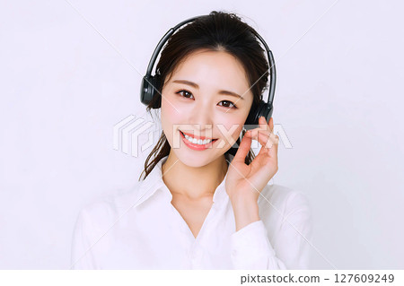 Smiling woman listening to music through headphones Smiling woman listening to music through headphones 127609249