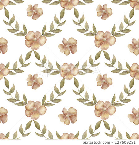 Pattern motifs of autumn watercolor flowers and green branches leaves. Illustration hand drawn. Seamless print on an isolated background for design of textiles, fabrics, wallpapers, packaging, clothes Pattern motifs of autumn watercolor flowers and green branches leaves. Illustration hand drawn. Seamless print on an isolated background for design of textiles, fabrics, wallpapers, packaging, clothes 127609251