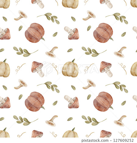 Pattern of watercolor pumpkins, mushrooms, branches leaves. Autumn harvest illustration drawn by hand. Seamless print on isolated background for design textiles, fabrics, wallpapers, packaging clothes Pattern of watercolor pumpkins, mushrooms, branches leaves. Autumn harvest illustration drawn by hand. Seamless print on isolated background for design textiles, fabrics, wallpapers, packaging clothes 127609252