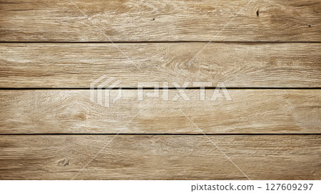 Clean surface of light oak colored wooden planks, horizontal lines, subtle shadows and large empty space 127609297