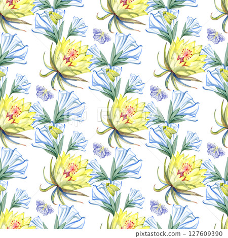 Seamless pattern watercolor moon flowers leaves moth night butterfly hand drawn illustration. Painted floral elements. Botanical natural objects. Fabric, print. 127609390