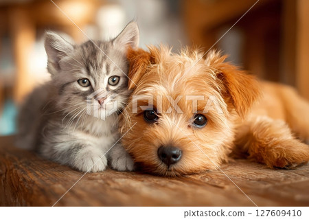 小貓和小狗在木地板上放鬆 127609410