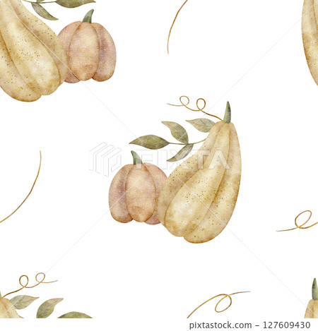 Autumn harvest pattern of pumpkin yellow, orange leaves, curls. Watercolor illustration vegetables hand drawn. Seamless print on isolated background for textiles, fabrics, wallpaper, packaging clothes 127609430