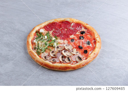 Mixed Topping Quarter Pizza with Pepperoni, Mushrooms, Olives and Greens Mixed Topping Quarter Pizza with Pepperoni, Mushrooms, Olives and Greens 127609485