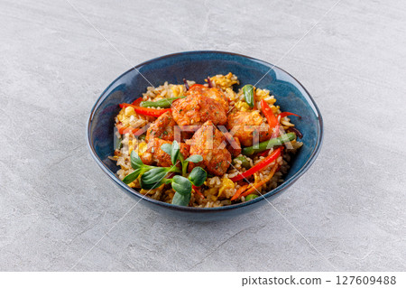 Crispy Chicken with Vegetable Fried Rice Crispy Chicken with Vegetable Fried Rice 127609488
