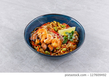 Spicy Seafood Stir-Fry Noodles with Shrimp and Mussels Spicy Seafood Stir-Fry Noodles with Shrimp and Mussels 127609492