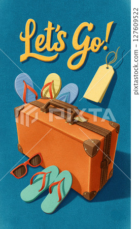 Bright Travel-Themed Greeting Card with Suitcase and Accessories 127609522