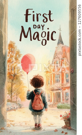Watercolor Illustration of Child's First Day at School with Balloon 127609556