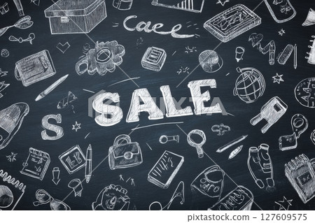 Chalkboard Background with Hand-Drawn School Icons and Sale Typography 127609575