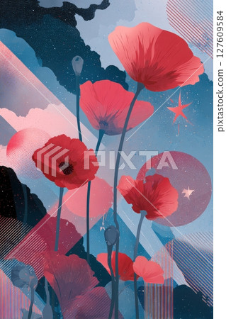Memorial Day Abstract Illustration with Poppies and American Flag 127609584