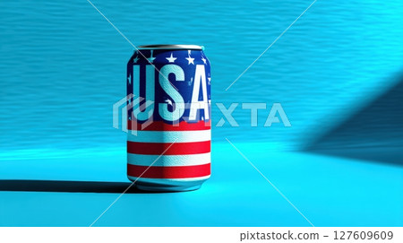 Stylized USA Can Cooler on Blue Background with Bold Lighting 127609609