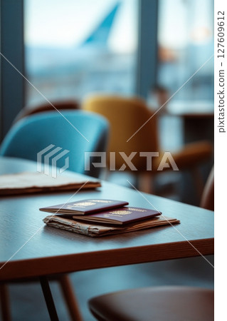 Passports and Travel Documents on Cafe Table in Airport Lounge 127609612