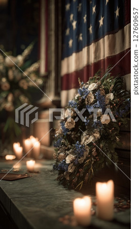 Memorial Wreath and Candles on Flag-Draped Platform in Emotional Photorealism 127609657